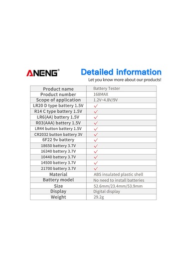 Springsun Aneng 168max Pil Test Cihazı - Dijital Ekranlı Pil Voltaj Ve Güç Ölçer 1.2-4.8v, 9v