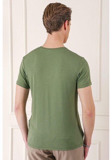 Slim Fit Bisiklet Yaka Düz Pamuklu Haki Tişört Ts 823 Haki