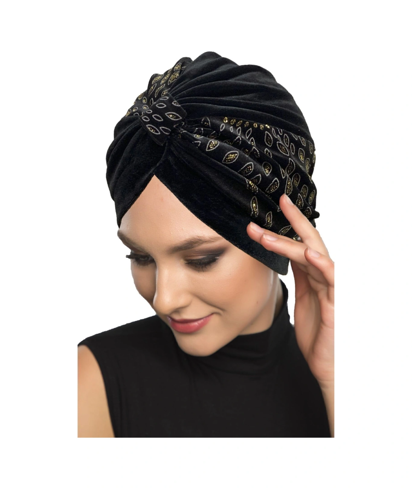 Özel Tasarım Siyah Altın Badem Desenli Kadife Dokulu Astarlı Hazır Türban Tesettür Abiye Bone Siyah1