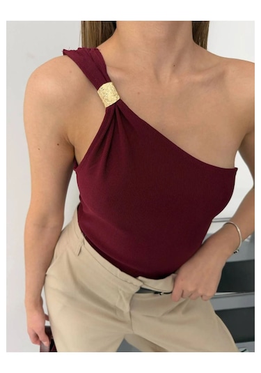 Pera Butik Özlem Yılmaz Tek Omuz Bluz Siyah&bordo Bordo