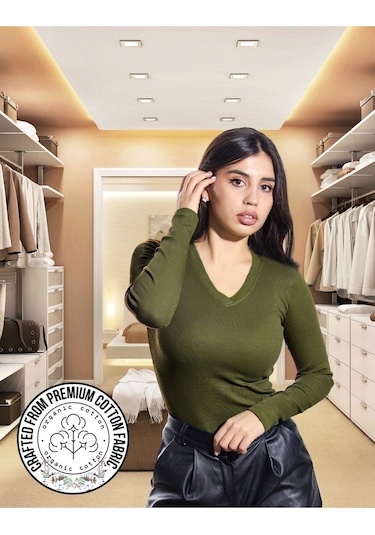 Pamuklu Kaşkorse V Yaka Body Sweatshirt, Fitilli Kumaş Likralı Bluz, Asker Yeşili Badi Asker Yeşili