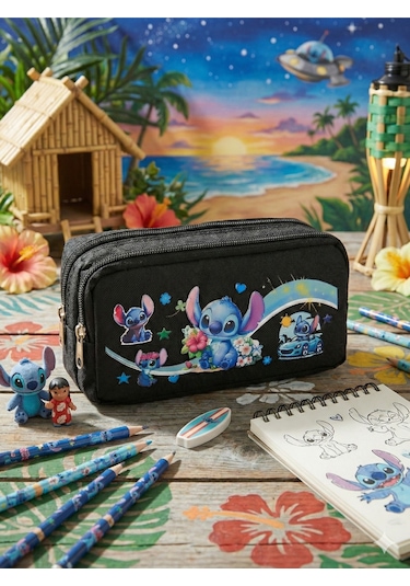 Stitch Baskılı Çift Bölmeli Siyah Okul Kalemliği Siyah