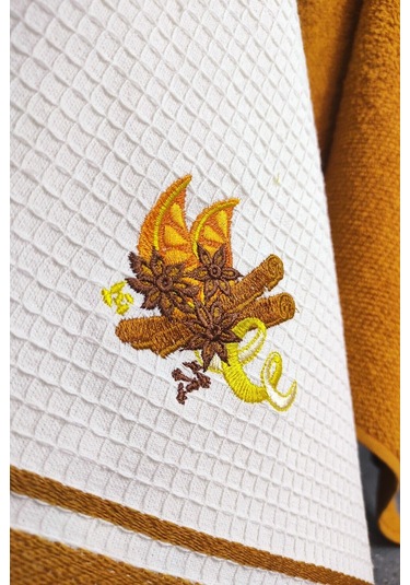 2 Li Mutfak Havlusu Portakal & Tarçın Nakışlı Kurulama Bezleri - 40x60 Cm Kiremit