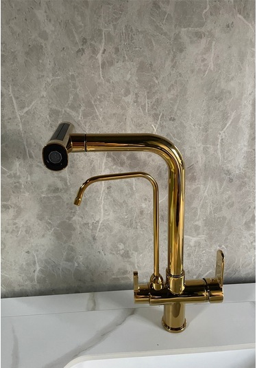 Mutfak Eviye Bataryası Dual Flow Arıtma Çıkışlı Duş Şelale 3 Fonksiyon Altın