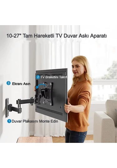 Hareketli Monitör 10-27" Tv Duvar Askı Aparatı 2 Kollu 8kg Taşıma