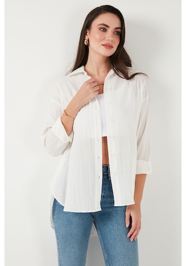 Lela Regular Fit Uzun Kollu Dokulu Bayan Gömlek 6772799 Beyaz