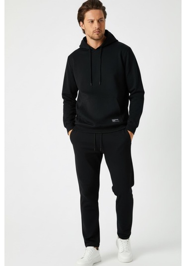 Siyah Regular Fit Kapüşonlu Cepli Sweatshirt Düz Paça Erkek Eşofman Takımı Siyah