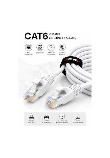 Fury Cat6 Ethernet Kablosu 3 Metre Rj45 Lan İnternet Modem Router Bilgisayar Kablosu