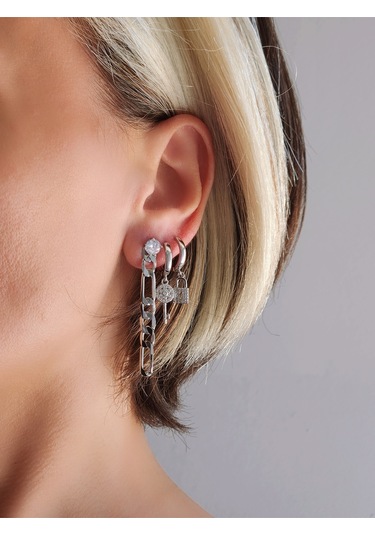 3'lü Gurmet Zincir - Anahtar -kilit Model Gümüş Renk Küpe Seti Gümüş