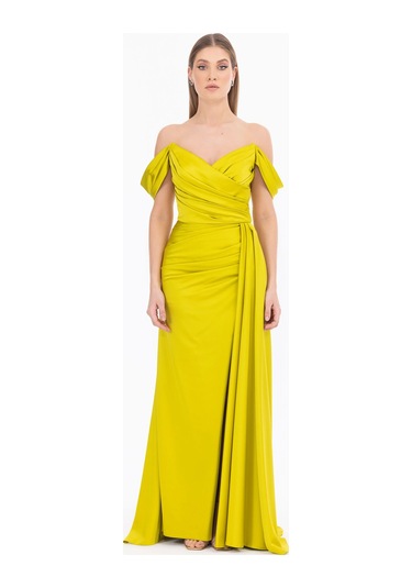 Kruvaze Yaka Yırtmaçlı Saten Dokuma Abiye-yeşil Yeşil