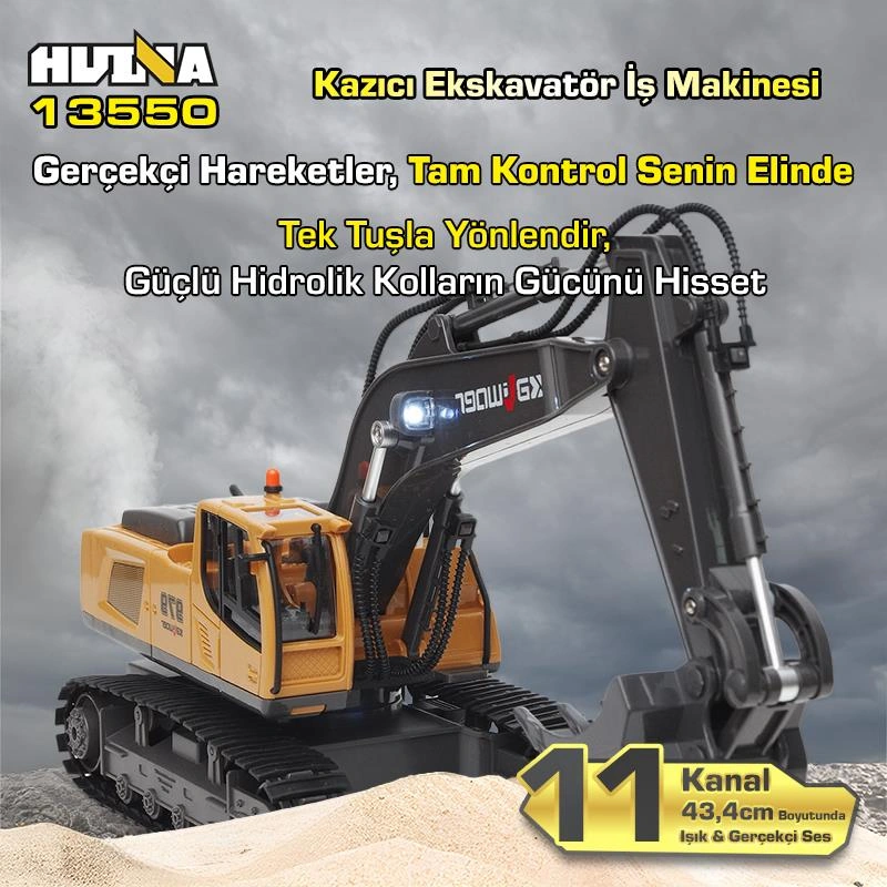 Huına Kaliwo 13550 1/18 11ch Kazıcı Ekskavatör İş Makinesi İnşaat Uzaktan Kumandalı Rc Model Metal Kepçeli Sarı - 2.4ghz Gerçekçi Similasyon Ses Ve Işık Sistemi