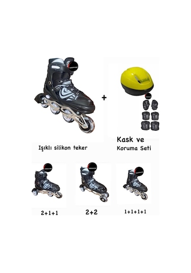 Işıklı Çocuk Pateni Ayarlanılabilir Silikon Tekerli Frenli Metal Gövdeli Paten Ve Kask Dizlik Set Siyah