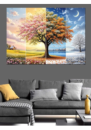 Dört Mevsim Ağaç Manzarası Dekoratif Kanvas - Mdf Ahşap Tablo