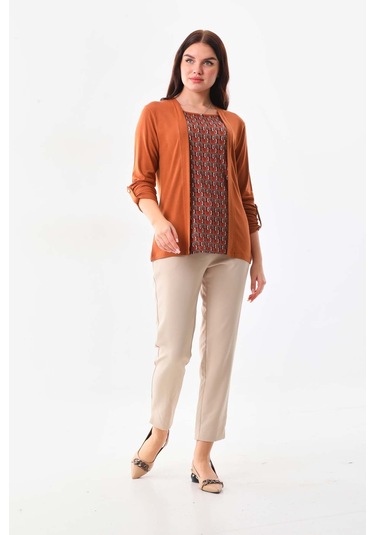 Sistas Kadın Desenli Uzun Kol Bluz 23525 Camel