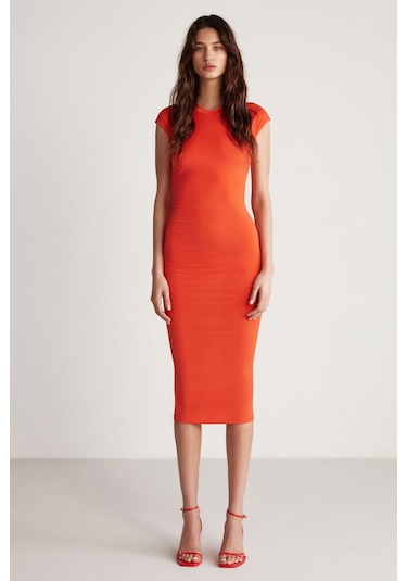 Rosalıa Kadın Esnek Dökümlü Sandy Kumaşlı Bodycon Vücüdu Saran Maxi Nar Çiçeği Elbise