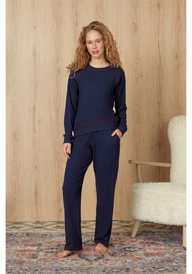 Doreanse Kadın Lacivert Waffle Kumaş Kırmızı Dikiş Detaylı T-shirt Pijama Takımı 4204-standart Standart