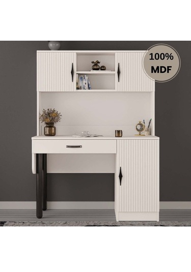 Lale Mdf Kitaplıklı Dolaplı Çalışma Masası Krem