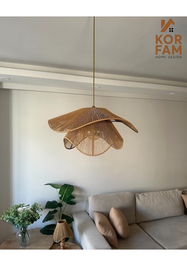 Breeze Modeli - Hasır El Yapımı Bohem Asimetrik Şekilli Rustik Avize - Kahverengi Kahverengi