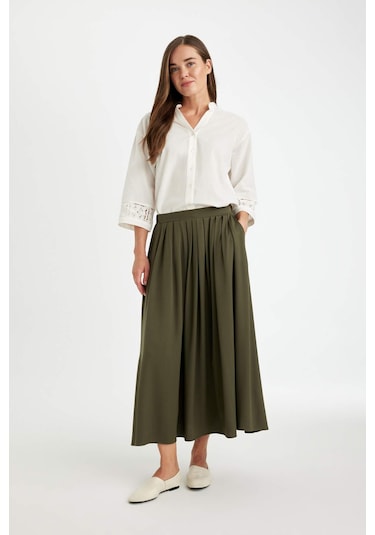 DeFacto A Kesim Basic Düz Belmando Maxi Etek D7672AX24AUKH438 Haki