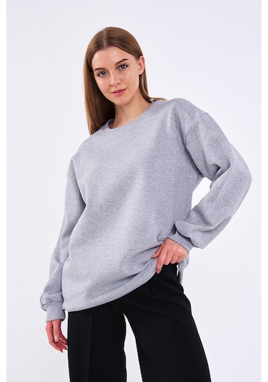 Comeor Gri Kadın Pamuklu Oversize Basic Bisiklet Yaka Sweatshirt 001