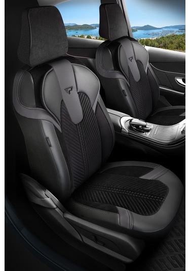 Siyah - Gri Garni Panda Monte Carlo Serisi Velor Kadife Kumaş Oto Koltuk Kılıfı - Tam Set