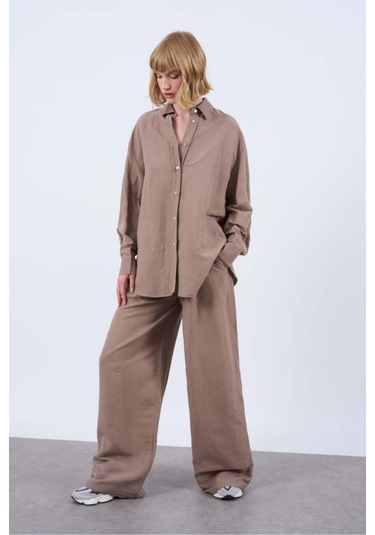 Kadın Keten Gömlek Pantolon Takım Vizon