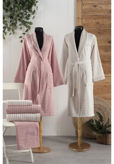 Pierre Cardin 6 Parça Jakarlı Aile Bornoz Seti-wave Soft G.kurusu Gül Kurusu - Krem