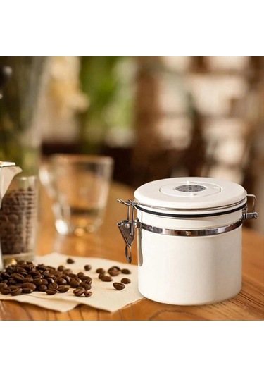 Xurunkeji Kahve Kavanozu Hava Geçirmez Çekirdek Kabı, Tarih Takipli Paslanmaz Çelik Mutfak Saklama Kutusu 1,2 L Beyaz Beyaz