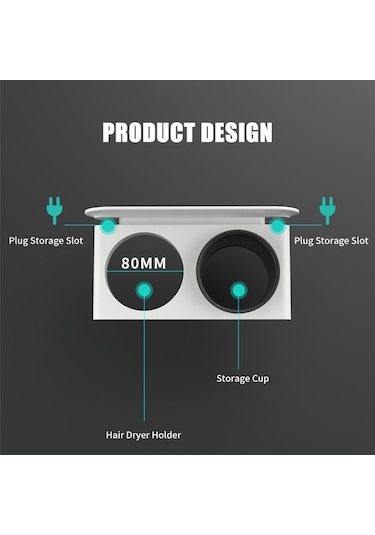 Novahub Erkek Saç Kurutma Askılığı Duvar Montajı Bardak Raflı Düzenleyici Banyo Eşyası Gri