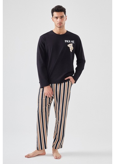 Erkek Pamuklu Uzun Kollu Üst Astronot Baskılı Alt Çizgili Pijama Takımı Ke30106 Siyah