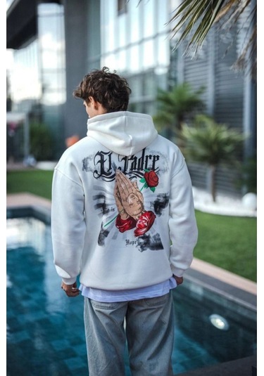 Üç İplik Penye Kapşonlu Baskılı Sweatshirt - Beyaz renkli Çok Renkli