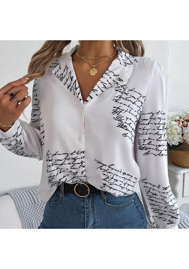 Gmxıa Kadın Modası Günlük Yazlık Takım Uzun Kollu Yaka Bluzlar Ve Alfabe Gömlekler Beyaz