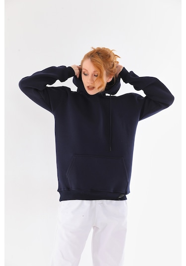 Everest Everst Kapüşonlu 3 İplik Şardonlu Cepli Sweatshirt Lacivert