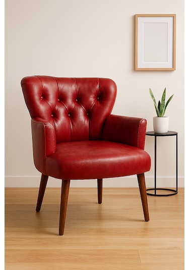 Roma Berjer - Modern Tekli Koltuk - Deri Kumaş - Kırmızı