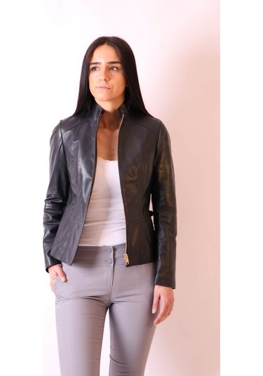 Hakiki Deri Hakim Yaka Slim Lacivert Ceket