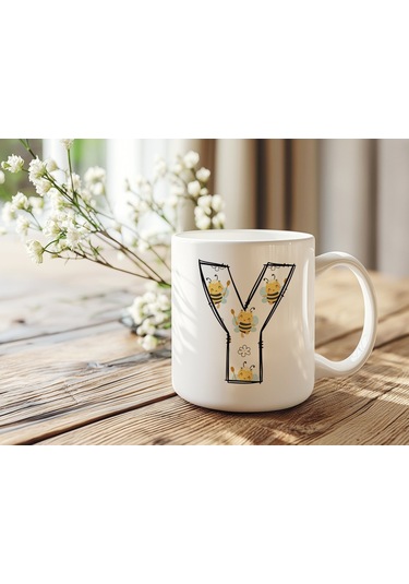 Y Harfi Arı Desenli Kupa - Sevimli Hayvan Temalı Kişiye Özel Kahve Kupası - Şans Kupası Beyaz