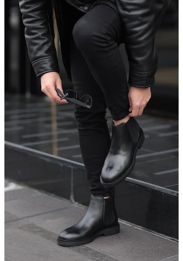 Shoetyle - Siyah Hakiki Deri Erkek Chelsea Bot-719-siyah Siyah