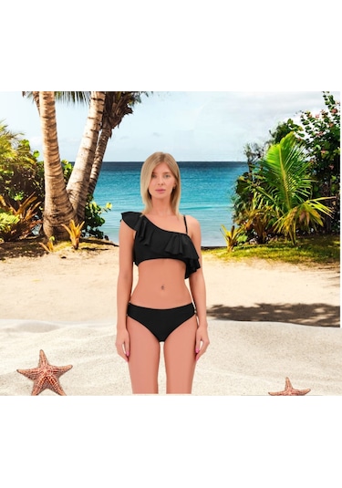 Shopiolog Kadın Düz Fırfırlı Tek Askılı Tek Omuzlu Bikini Haki