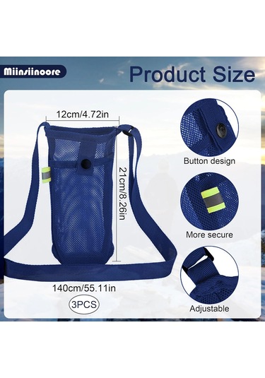 Fortunelane 3'lü Su Şişesi Çantası Seti - Ağ Desenli Kılıf, Askılı, Yürüyüş Kamp İçin Siyah Mavi Gri, Siyah - Gri - Mavi