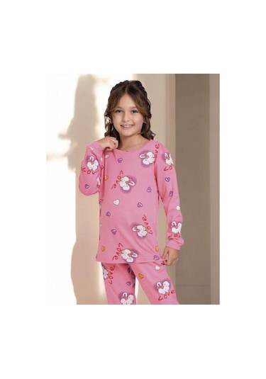 Kız Çocuk Pamuklu Tavşan Desenli Pijama Takımı-14919 Pembe