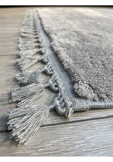 Yuvarlak Comfort Puffy Ponpon Saçaklı Yıkanabilir gri
