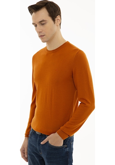 Cacharel Turuncu Slim Fit Bisiklet Yaka Basic Triko Kazak