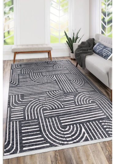 Revna Antrasit Yıkanabilir Halı Kaydırmaz Tabanlı Pamuk Dokuma Salon Mutfak Koridor İçin Antrasit