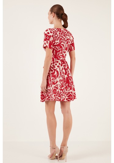 Lela Desenli Kruvaze Yaka Regular Fit Bayan Elbise 5865723 Bordo