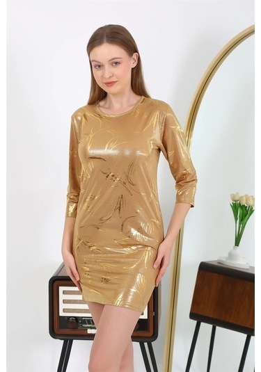 Giyim Kadın Micro Kumaş Mini Parlak Elbise Sarı Sarı