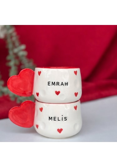 İsme Özel Kalp Seti 2 Adet Mug & 1 Adet Kase Kırmızı Beyaz