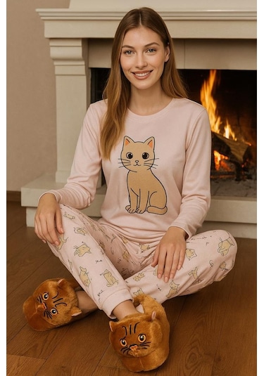 Kadın Kız Çocuk Yumuşak Soft Hayvanlı Kedi Figürlü Panduf Ev Ayakkabısı Kahverengi