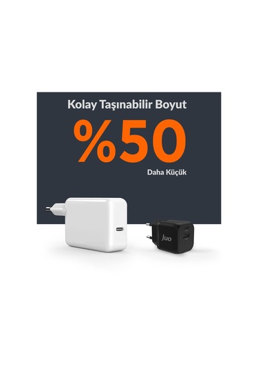 Juo 20W GaN USB-C + USB-A Şarj Aleti iPhone & iPad & Android Uyumlu PD QC4.0 Type-C Hızlı Şarj Cihazı Siyah