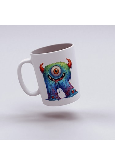 R Harfi Bardak, Sevimli Canavarlar Harflı Bardak Hediyesi Porselen Beyaz