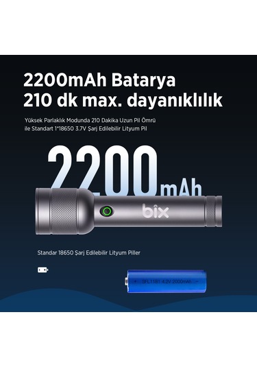 Bix Bx2186fl 3w Led Max. 910 Lümen Şarjlı Uzun Menzilli El Feneri Gri